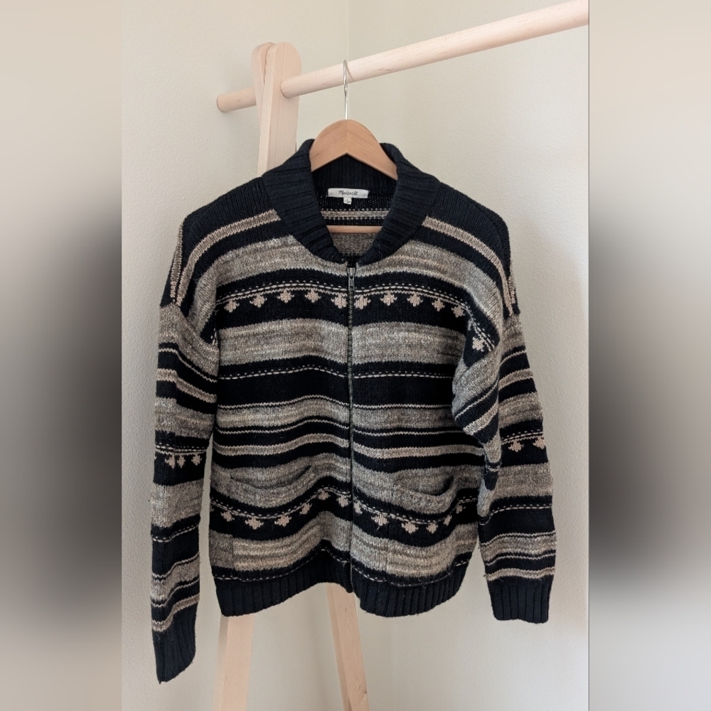 Madewell Women's Nordic Wool Alpaca Blend Zip Up Sweater in Black/Gray/Tan